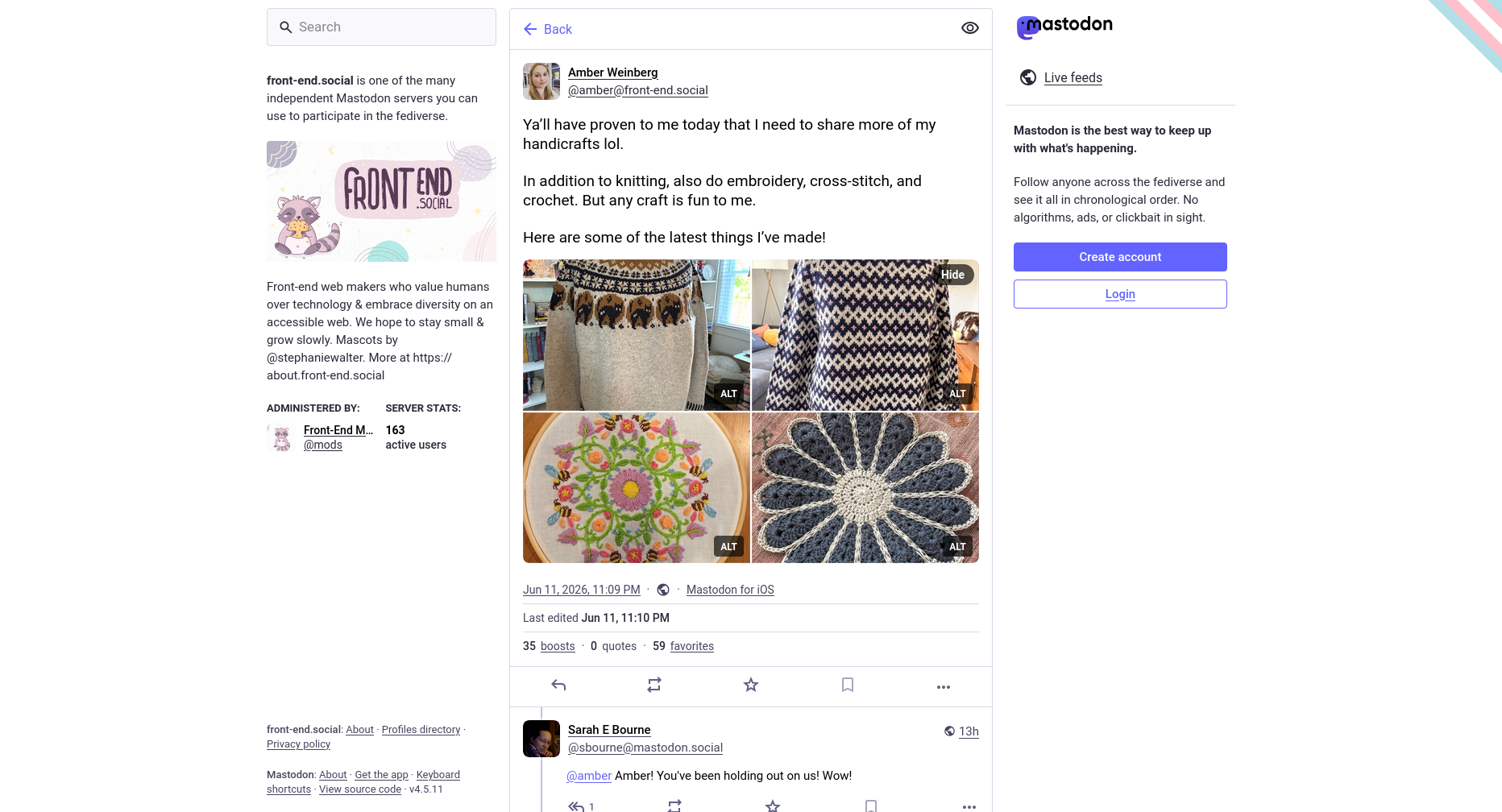 Screenshot of a Mastodon post about knitting, embroidery, cross-stitch, and crochetting