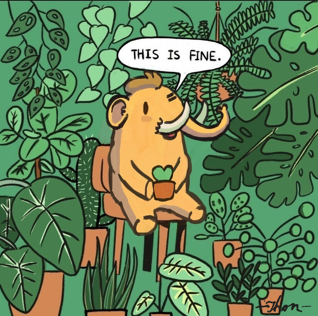 A painting showing the Mastodon mascotte among lush plants, saying "This is fine". Attribution unknown.